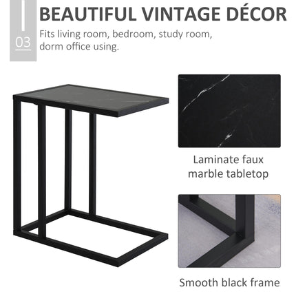 C Shape Side Table with Marble-Effect Top and Metal Frame - Black White