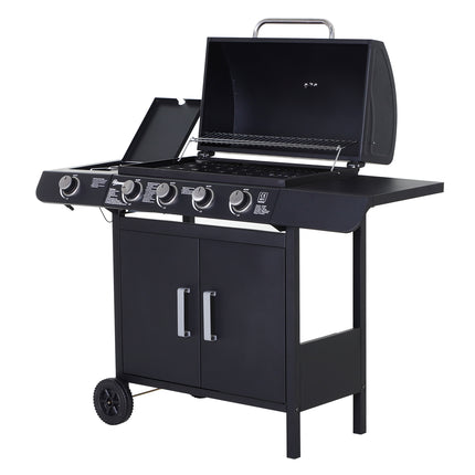 4+1 Gas Burner BBQ Grill Trolley with Side Burner, Storage & Wheels - Black