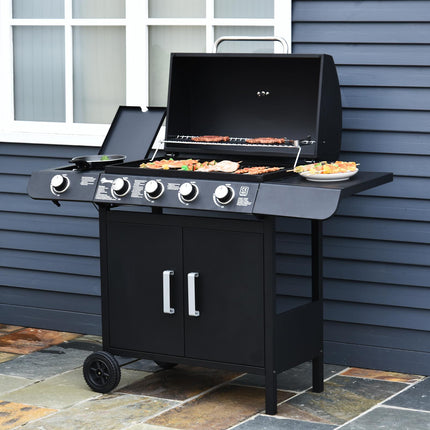 4+1 Gas Burner BBQ Grill Trolley with Side Burner, Storage & Wheels - Black