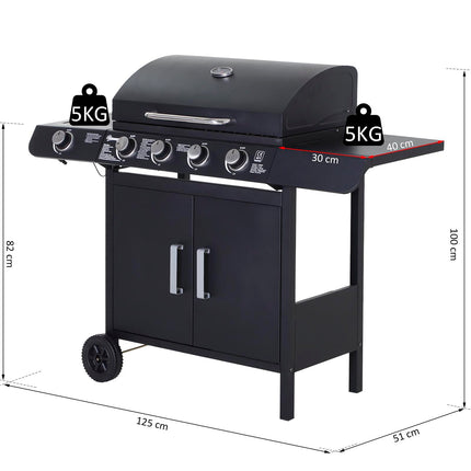 4+1 Gas Burner BBQ Grill Trolley with Side Burner, Storage & Wheels - Black