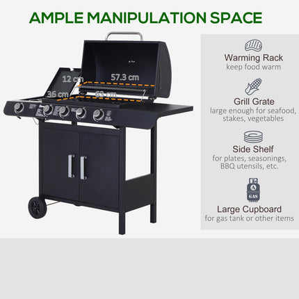 4+1 Gas Burner BBQ Grill Trolley with Side Burner, Storage & Wheels - Black
