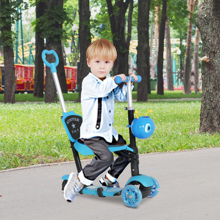 5-in-1 Toddler 3-Wheel Mini Kick Scooter with Removable Seat & Backrest for Kids - Blue