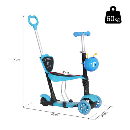 5-in-1 Toddler 3-Wheel Mini Kick Scooter with Removable Seat & Backrest for Kids - Blue