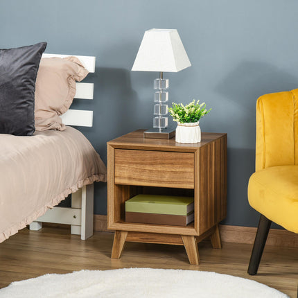 Modern Bedside Table with Drawer and Shelf - Walnut Brown