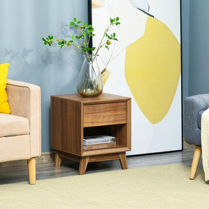 Modern Bedside Table with Drawer and Shelf - Walnut Brown