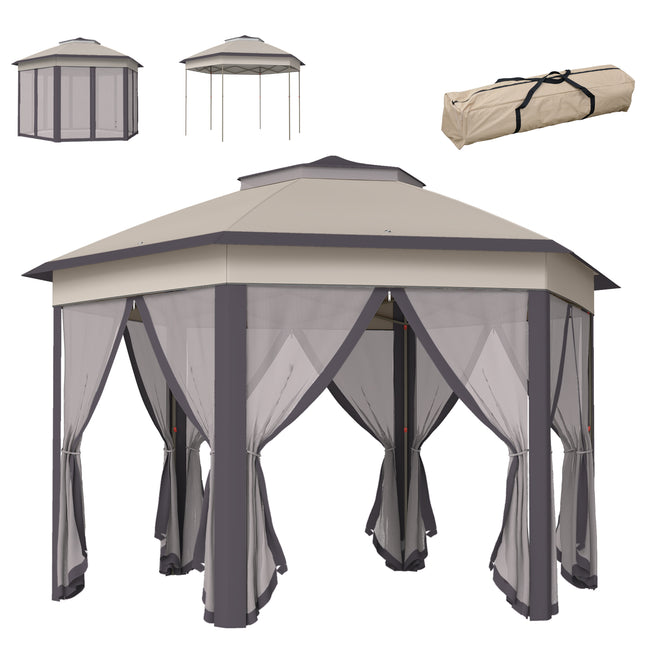 4 Metre Hexagon Pop Up Gazebo with Double Roof and Mesh Netting - Beige