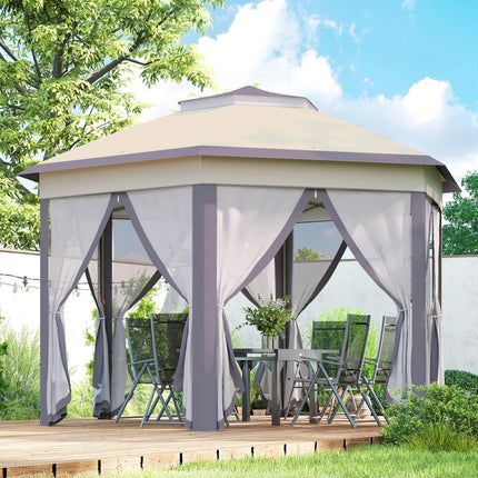 4 Metre Hexagon Pop Up Gazebo with Double Roof and Mesh Netting - Beige