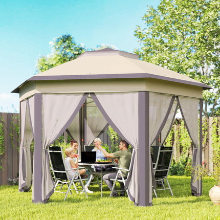 4 Metre Hexagon Pop Up Gazebo with Double Roof and Mesh Netting - Beige