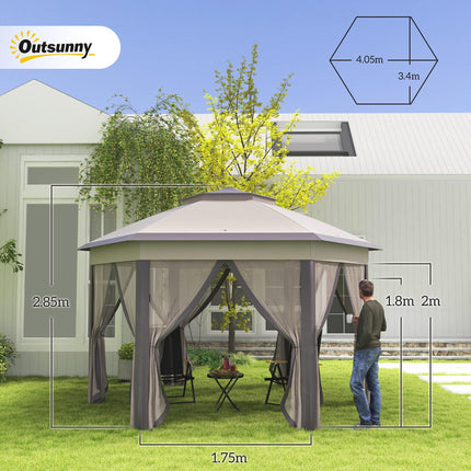 4 Metre Hexagon Pop Up Gazebo with Double Roof and Mesh Netting - Beige