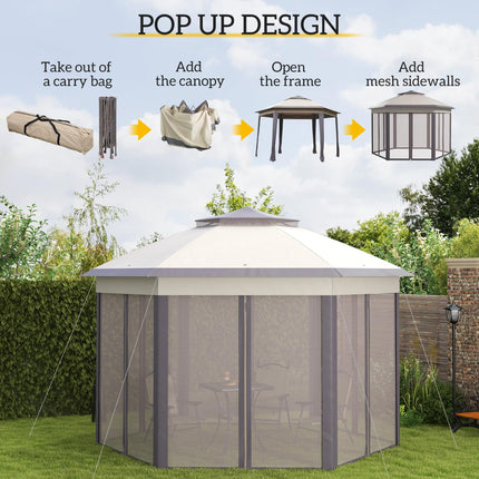 4 Metre Hexagon Pop Up Gazebo with Double Roof and Mesh Netting - Beige