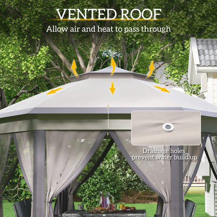 4 Metre Hexagon Pop Up Gazebo with Double Roof and Mesh Netting - Beige