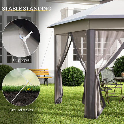 4 Metre Hexagon Pop Up Gazebo with Double Roof and Mesh Netting - Beige