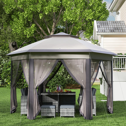 4 Metre Hexagon Pop Up Gazebo with Double Roof and Mesh Netting - Beige