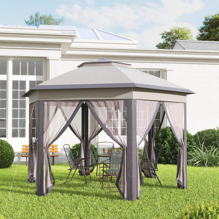 4 Metre Hexagon Pop Up Gazebo with Double Roof and Mesh Netting - Beige