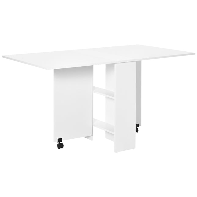 Mobile Drop Leaf Dining Kitchen Table with 2 Wheels & Storage Shelves - White