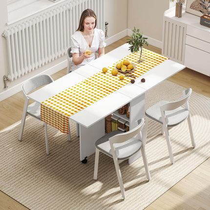 Mobile Drop Leaf Dining Kitchen Table with 2 Wheels & Storage Shelves - White