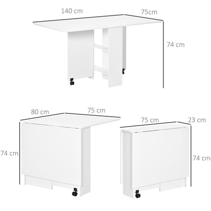 Mobile Drop Leaf Dining Kitchen Table with 2 Wheels & Storage Shelves - White