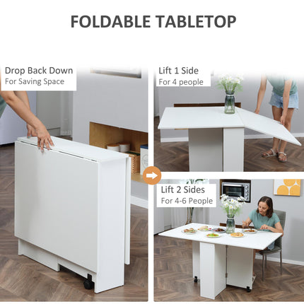Mobile Drop Leaf Dining Kitchen Table with 2 Wheels & Storage Shelves - White