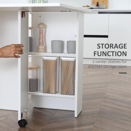 Mobile Drop Leaf Dining Kitchen Table with 2 Wheels & Storage Shelves - White