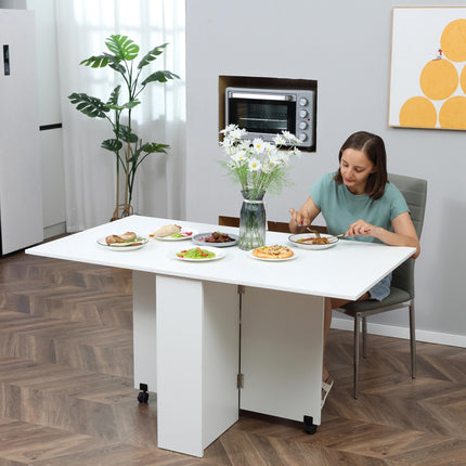 Mobile Drop Leaf Dining Kitchen Table with 2 Wheels & Storage Shelves - White