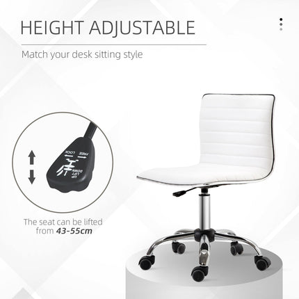 Adjustable Armless Mid-Back Swivel Office Chair with PU Leather and Chrome Base - White