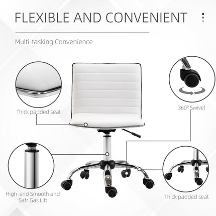 Adjustable Armless Mid-Back Swivel Office Chair with PU Leather and Chrome Base - White
