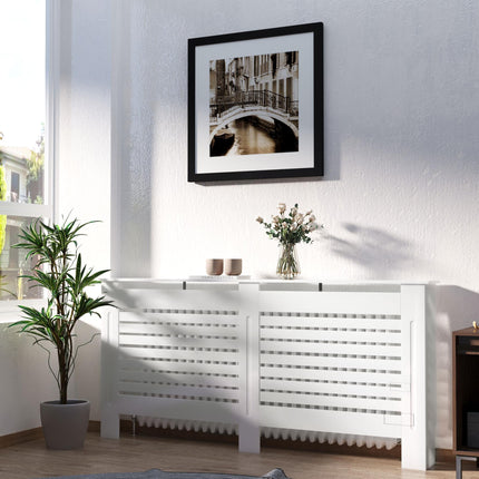 MDF White Painted Slatted Radiator Cover Cabinet with Display Shelf 172L x 19W x 81H cm - White