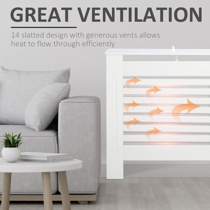MDF White Painted Slatted Radiator Cover Cabinet with Display Shelf 172L x 19W x 81H cm - White