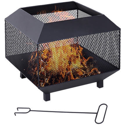 Square Metal Fire Pit Set with Lid and Poker 44x44x40 cm - Black Steel