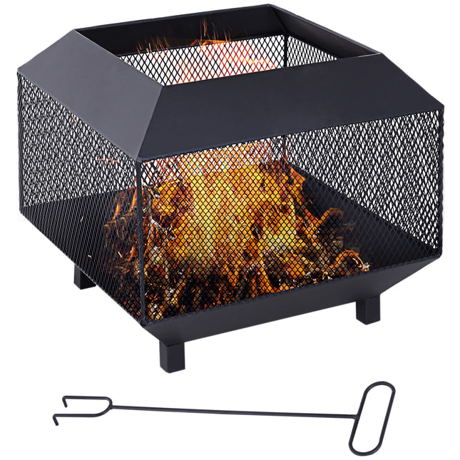 Square Metal Fire Pit Set with Lid and Poker 44x44x40 cm - Black Steel