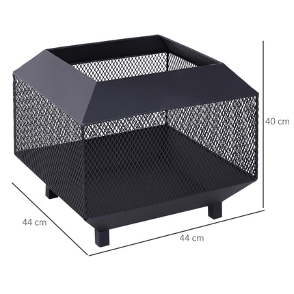 Square Metal Fire Pit Set with Lid and Poker 44x44x40 cm - Black Steel
