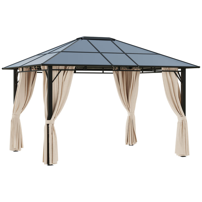 3.6 x 3 Metre Hardtop Gazebo with Polycarbonate Roof and Removable Curtains - Brown