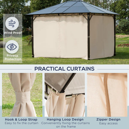 3.6 x 3 Metre Hardtop Gazebo with Polycarbonate Roof and Removable Curtains - Brown
