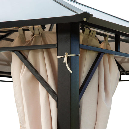 3.6 x 3 Metre Hardtop Gazebo with Polycarbonate Roof and Removable Curtains - Brown