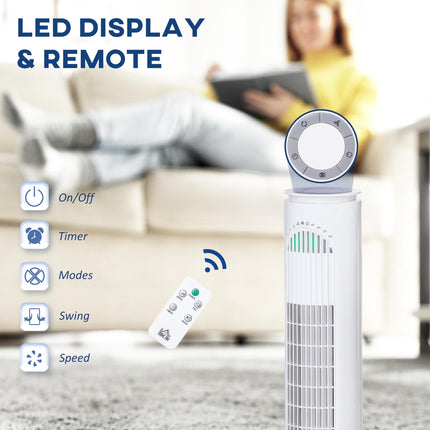 30'' Freestanding Tower Fan with 3 Speeds, 3 Modes, 10h Timer & 70° Oscillation - White