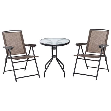 3 Piece Outdoor Bistro Set with Folding Chairs and Tempered Glass Table - Brown