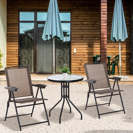3 Piece Outdoor Bistro Set with Folding Chairs and Tempered Glass Table - Brown