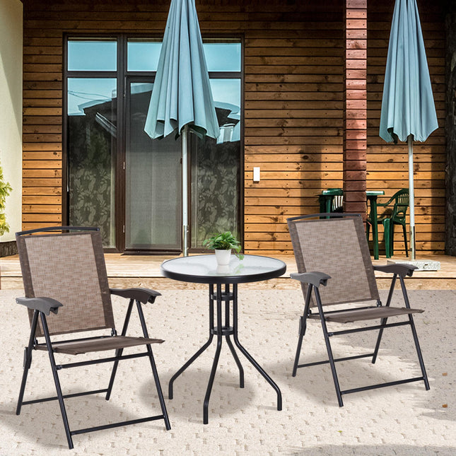 3 Piece Outdoor Bistro Set with Folding Chairs and Tempered Glass Table - Brown