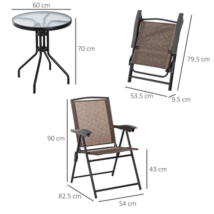 3 Piece Outdoor Bistro Set with Folding Chairs and Tempered Glass Table - Brown