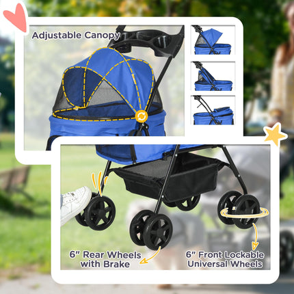 Dog Pram Dog Stroller Foldable Pet Pushchair with 4 Wheels, Safety Leashes, Cup