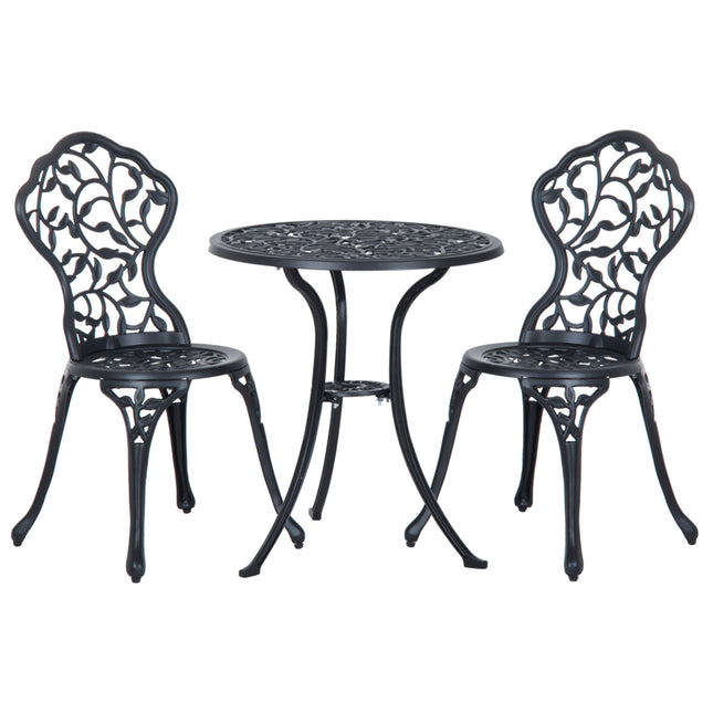 3 Piece Cast Aluminum Bistro Set with Antique Floral Design - Black