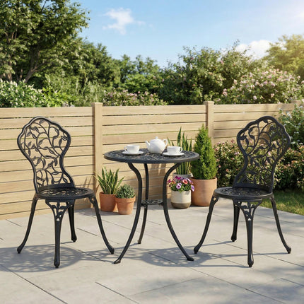 3 Piece Cast Aluminum Bistro Set with Antique Floral Design - Black