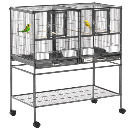 Double Rolling Metal Parrot Bird Cage with Removable Tray, Storage Shelf, Wood Perch & Food Container - Black/Gray