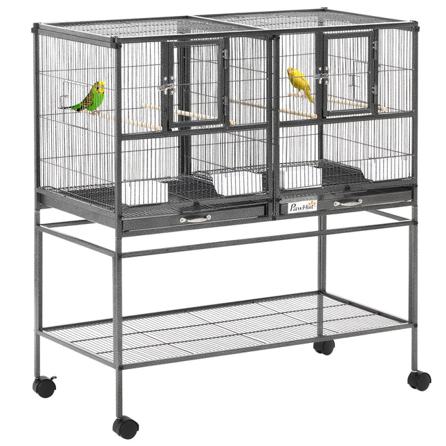 Double Rolling Metal Parrot Bird Cage with Removable Tray, Storage Shelf, Wood Perch & Food Container - Black/Gray