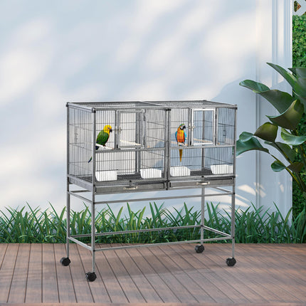 Double Rolling Metal Parrot Bird Cage with Removable Tray, Storage Shelf, Wood Perch & Food Container - Black/Gray
