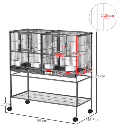 Double Rolling Metal Parrot Bird Cage with Removable Tray, Storage Shelf, Wood Perch & Food Container - Black/Gray