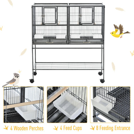 Double Rolling Metal Parrot Bird Cage with Removable Tray, Storage Shelf, Wood Perch & Food Container - Black/Gray