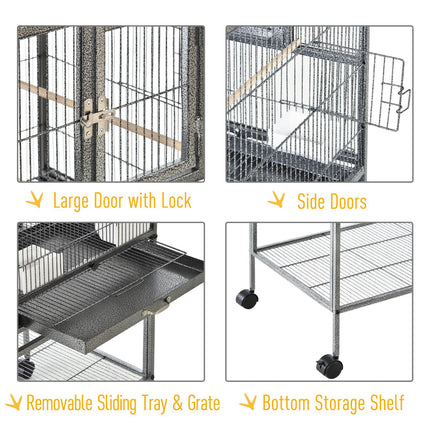 Double Rolling Metal Parrot Bird Cage with Removable Tray, Storage Shelf, Wood Perch & Food Container - Black/Gray