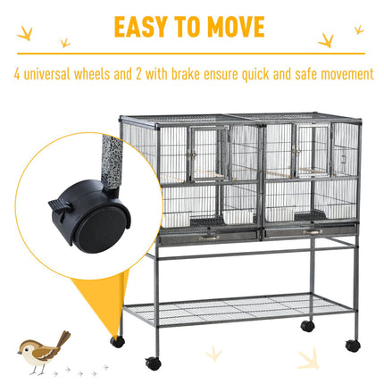 Double Rolling Metal Parrot Bird Cage with Removable Tray, Storage Shelf, Wood Perch & Food Container - Black/Gray
