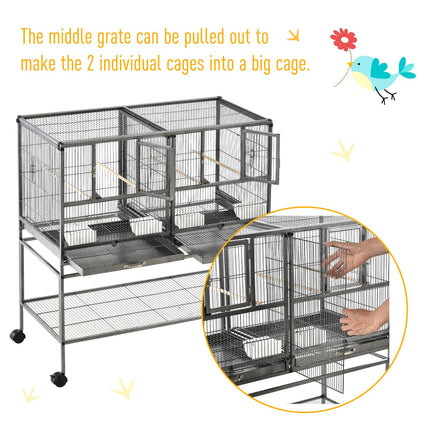 Double Rolling Metal Parrot Bird Cage with Removable Tray, Storage Shelf, Wood Perch & Food Container - Black/Gray